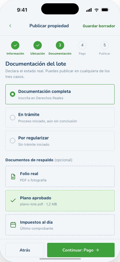 Pantalla para declarar y subir la documentación del lote